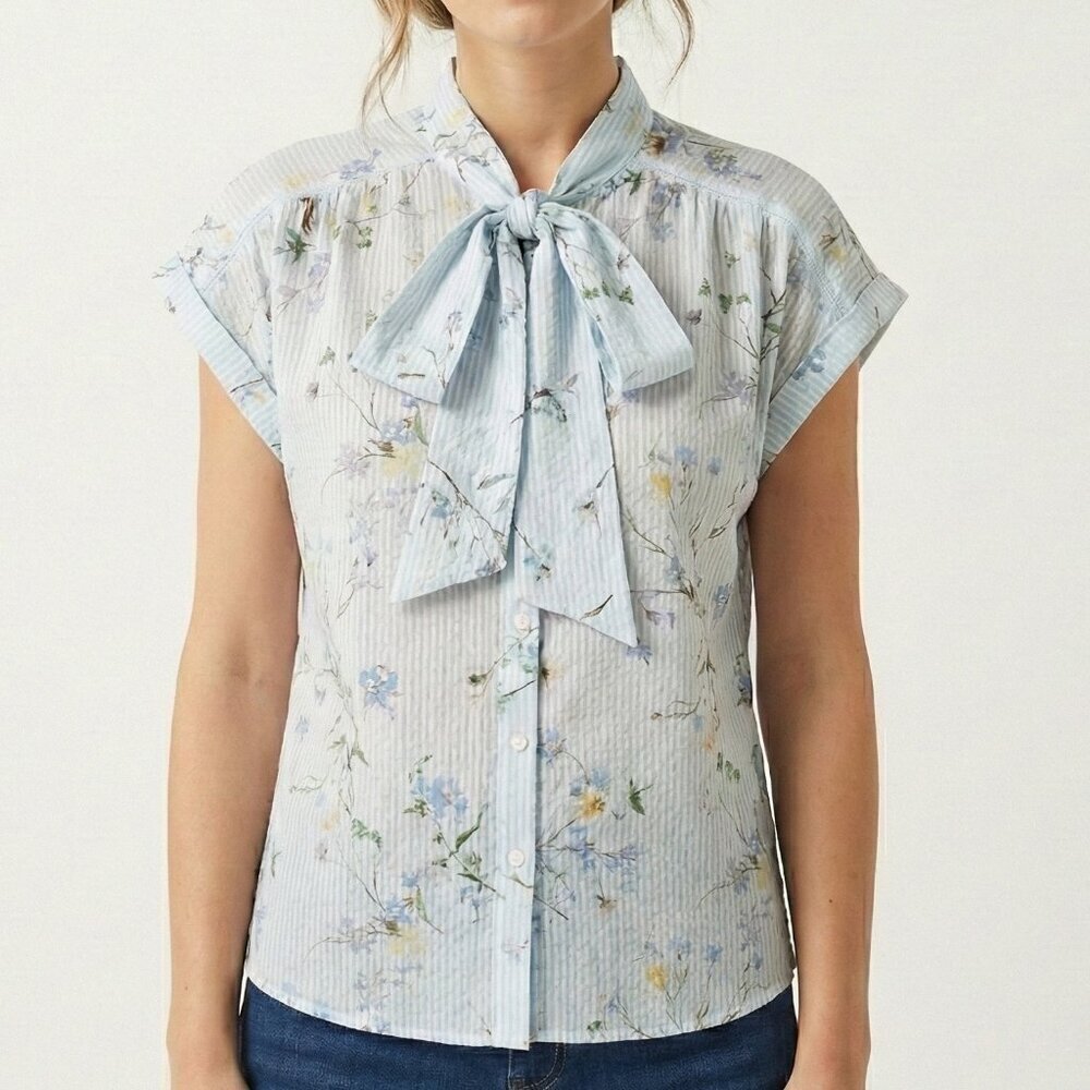 Scotch & Soda Floral Button Up Blouse Neck Scarf Short Sleeve XS
